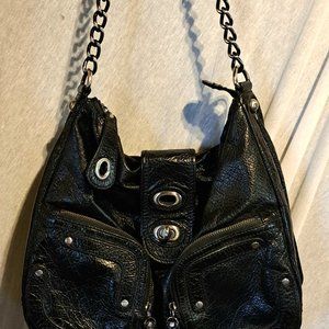 Hype Black Leather Shoulder Bag Handbag Silver Hardware Studded Detail pockets